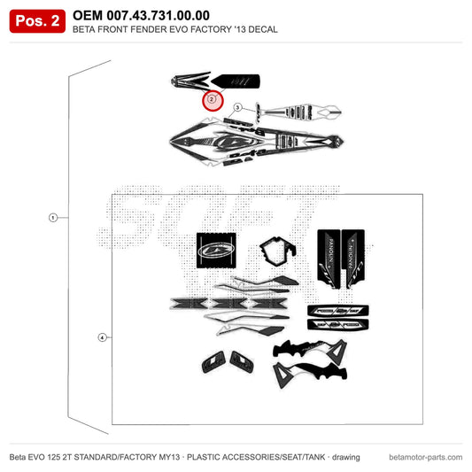 BETA FRONT FENDER EVO FACTORY '13 DECAL – OEM 007.43.731.00.00, position 2 on the Beta EVO 125 2T STANDARD/FACTORY MY13 plastic accessories/seat/tank drawing