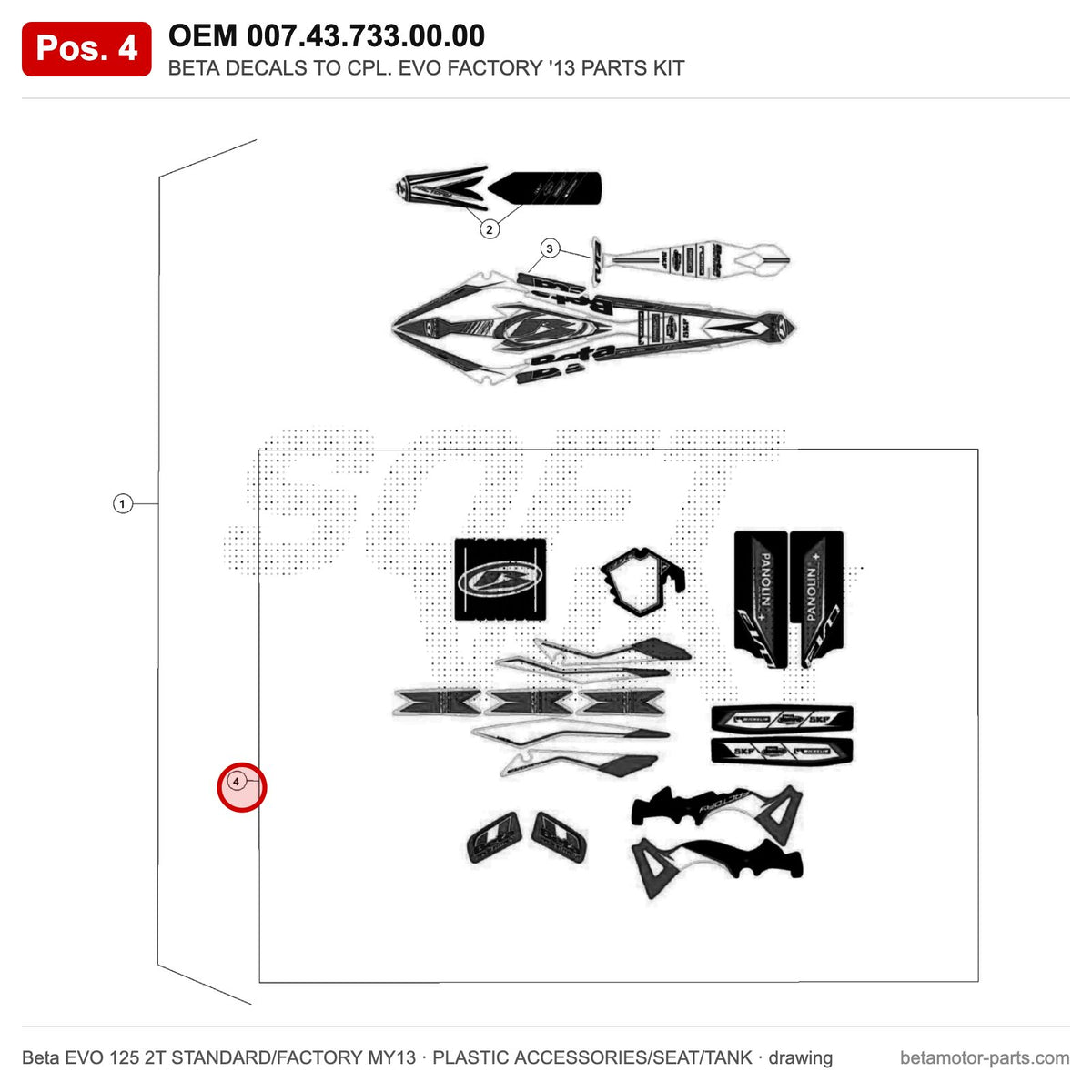 BETA DECALS TO CPL. EVO FACTORY '13 PARTS KIT – OEM 007.43.733.00.00, position 4 on the Beta EVO 125 2T STANDARD/FACTORY MY13 plastic accessories/seat/tank drawing