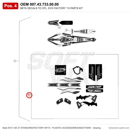 BETA DECALS TO CPL. EVO FACTORY '13 PARTS KIT – OEM 007.43.733.00.00, position 4 on the Beta EVO 125 2T STANDARD/FACTORY MY13 plastic accessories/seat/tank drawing