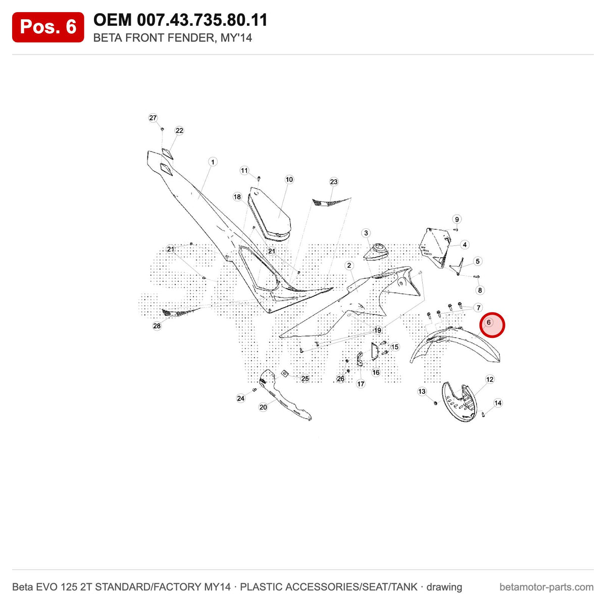BETA FRONT FENDER, MY'14 – OEM 007.43.735.80.11, position 6 on the Beta EVO 125 2T STANDARD/FACTORY MY14 plastic accessories/seat/tank drawing