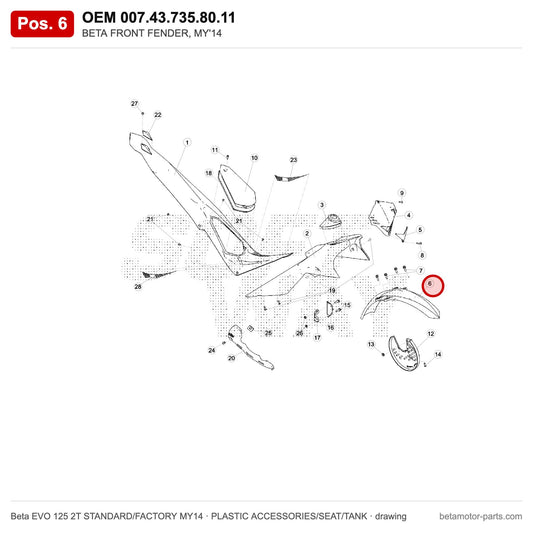 BETA FRONT FENDER, MY'14 – OEM 007.43.735.80.11, position 6 on the Beta EVO 125 2T STANDARD/FACTORY MY14 plastic accessories/seat/tank drawing