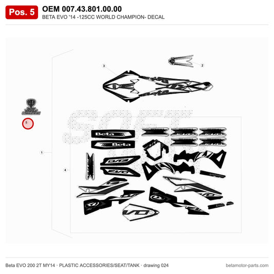 BETA EVO '14 -125CC WORLD CHAMPION- DECAL – OEM 007.43.801.00.00, position 5 on the Beta EVO 200 2T MY14 plastic accessories/seat/tank drawing