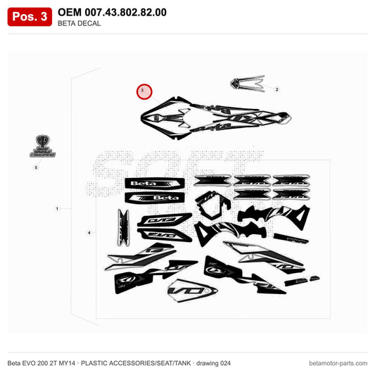 BETA DECAL – OEM 007.43.802.82.00, position 3 on the Beta EVO 200 2T MY14 plastic accessories/seat/tank drawing