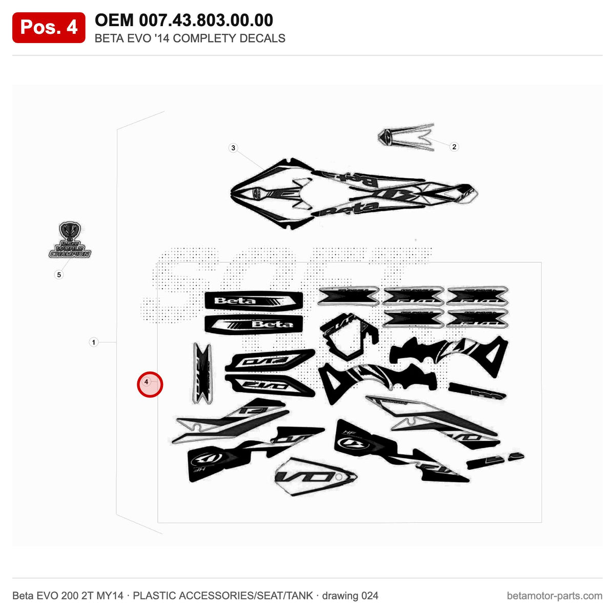 BETA EVO '14 COMPLETY DECALS – OEM 007.43.803.00.00, position 4 on the Beta EVO 200 2T MY14 plastic accessories/seat/tank drawing