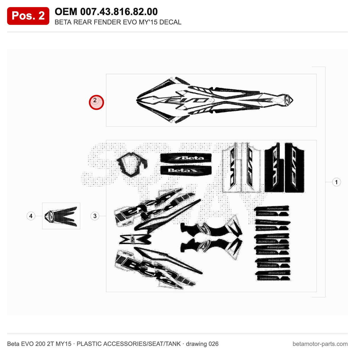 BETA REAR FENDER EVO MY'15 DECAL – OEM 007.43.816.82.00, position 2 on the Beta EVO 200 2T MY15 plastic accessories/seat/tank drawing