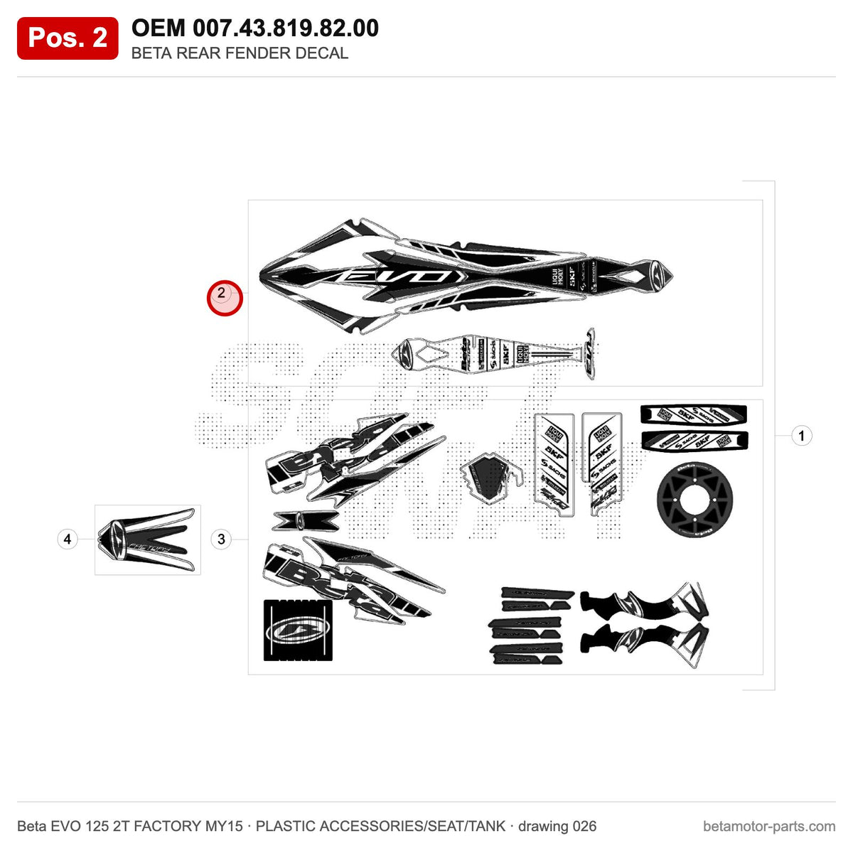 BETA REAR FENDER DECAL – OEM 007.43.819.82.00, position 2 on the Beta EVO 125 2T FACTORY MY15 plastic accessories/seat/tank drawing