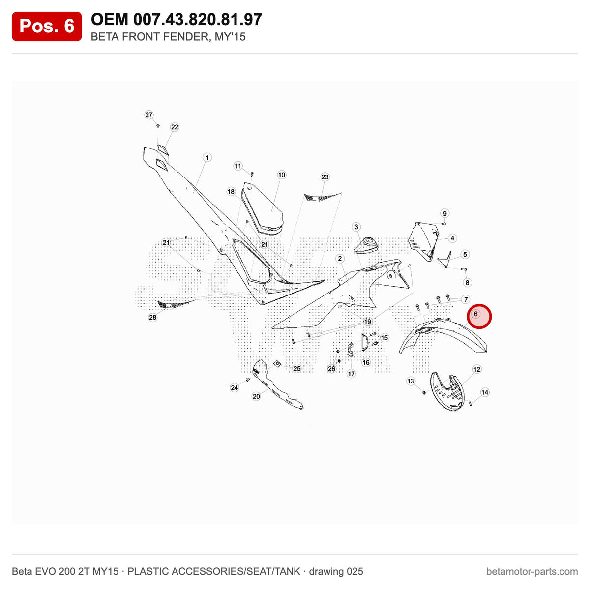 BETA FRONT FENDER, MY'15 – OEM 007.43.820.81.97, position 6 on the Beta EVO 200 2T MY15 plastic accessories/seat/tank drawing
