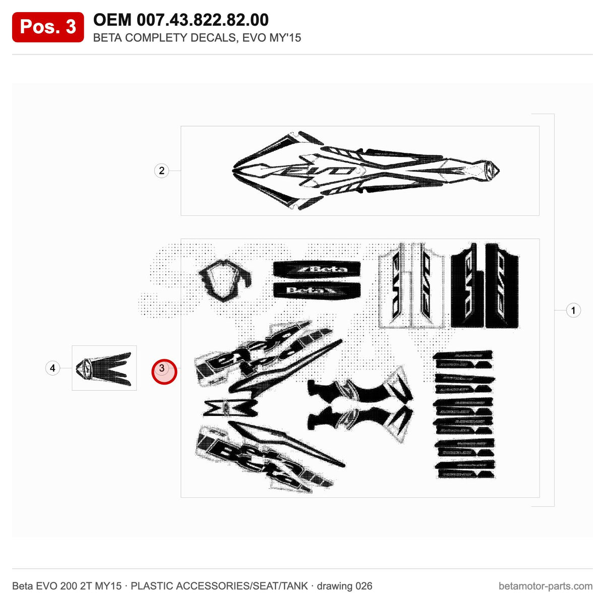BETA COMPLETY DECALS, EVO MY'15 – OEM 007.43.822.82.00, position 3 on the Beta EVO 200 2T MY15 plastic accessories/seat/tank drawing