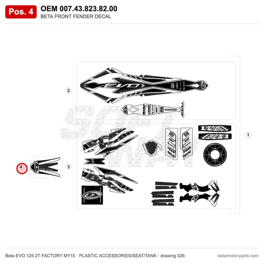 BETA FRONT FENDER DECAL – OEM 007.43.823.82.00, position 4 on the Beta EVO 125 2T FACTORY MY15 plastic accessories/seat/tank drawing