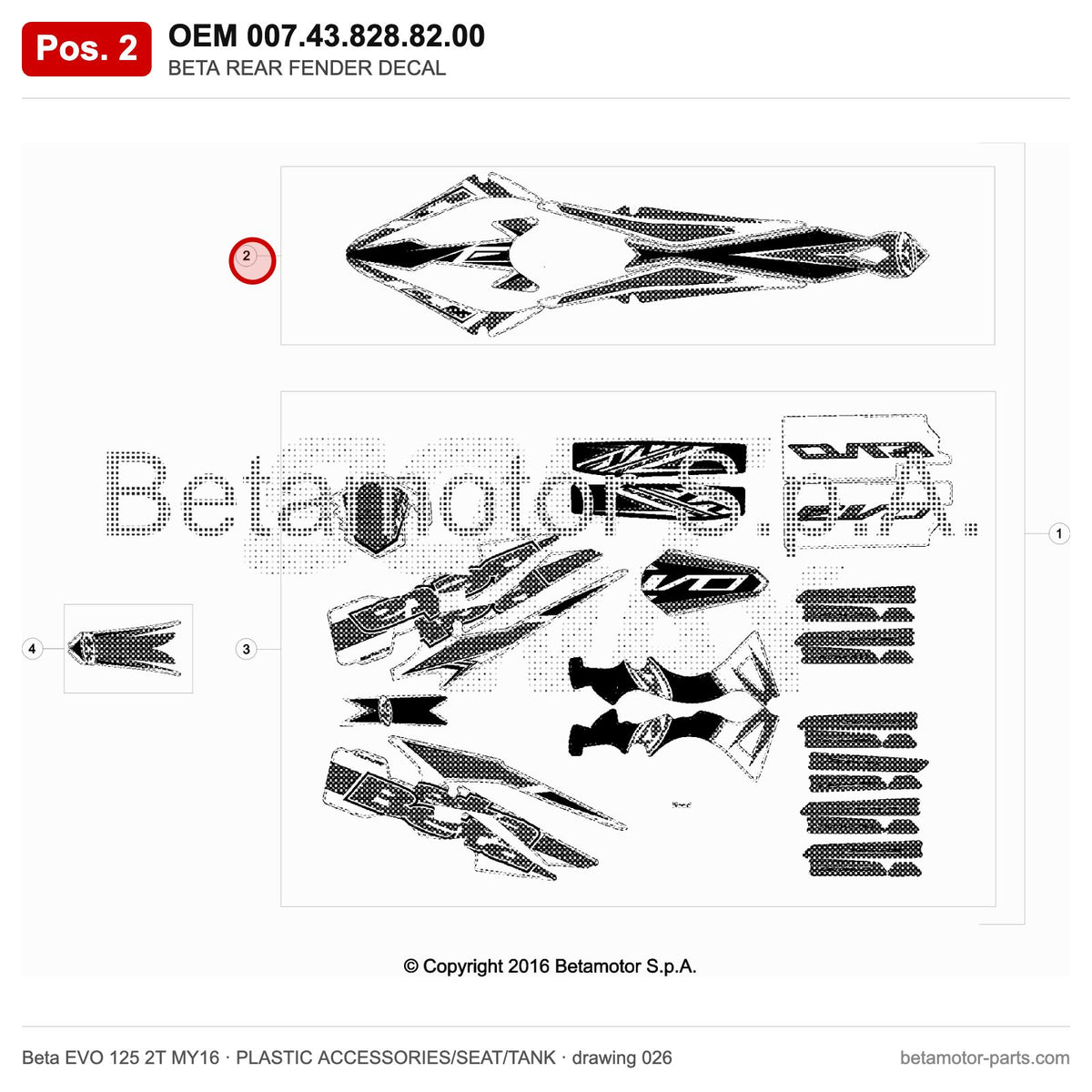 BETA REAR FENDER DECAL – OEM 007.43.828.82.00, position 2 on the Beta EVO 125 2T MY16 plastic accessories/seat/tank drawing