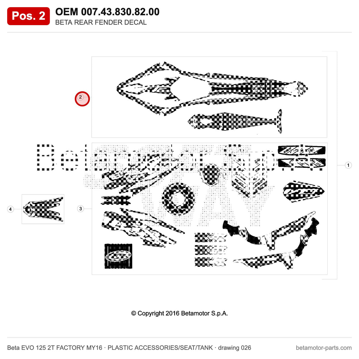 BETA REAR FENDER DECAL – OEM 007.43.830.82.00, position 2 on the Beta EVO 125 2T FACTORY MY16 plastic accessories/seat/tank drawing
