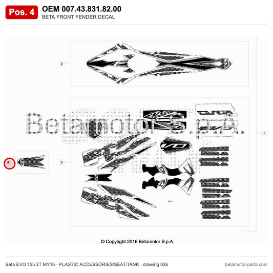 BETA FRONT FENDER DECAL – OEM 007.43.831.82.00, position 4 on the Beta EVO 125 2T MY16 plastic accessories/seat/tank drawing