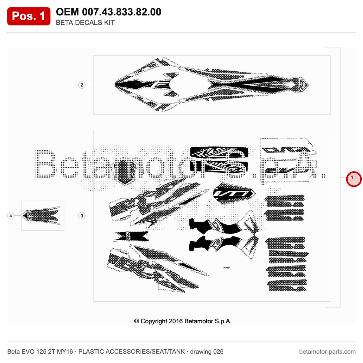 BETA DECALS KIT – OEM 007.43.833.82.00, position 1 on the Beta EVO 125 2T MY16 plastic accessories/seat/tank drawing