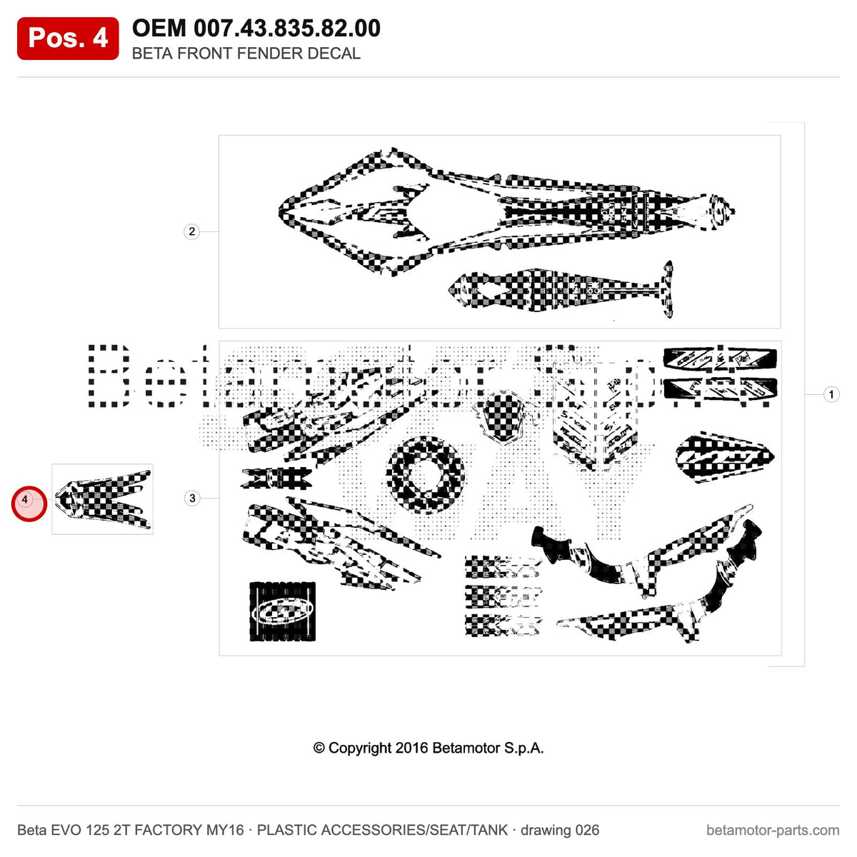 BETA FRONT FENDER DECAL – OEM 007.43.835.82.00, position 4 on the Beta EVO 125 2T FACTORY MY16 plastic accessories/seat/tank drawing
