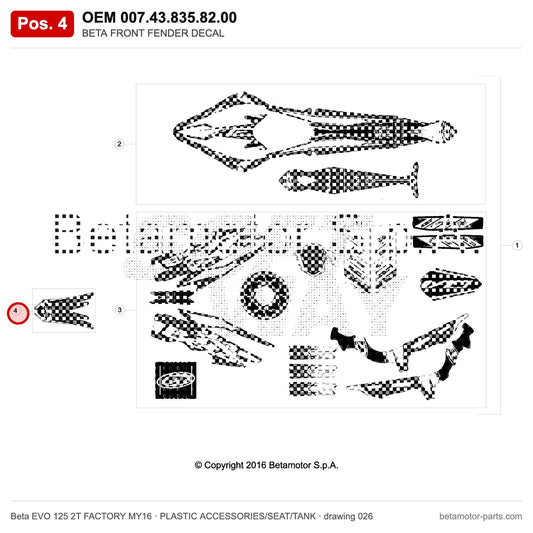 BETA FRONT FENDER DECAL – OEM 007.43.835.82.00, position 4 on the Beta EVO 125 2T FACTORY MY16 plastic accessories/seat/tank drawing