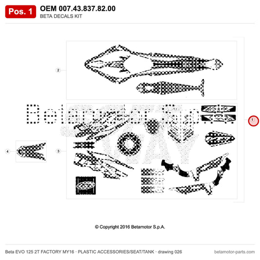 BETA DECALS KIT – OEM 007.43.837.82.00, position 1 on the Beta EVO 125 2T FACTORY MY16 plastic accessories/seat/tank drawing