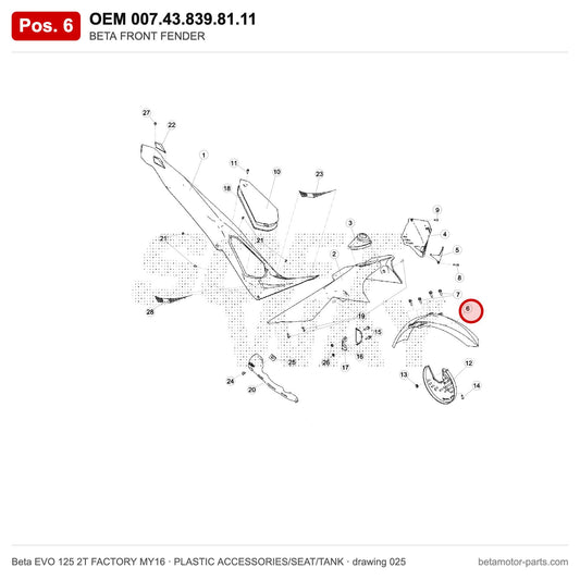 BETA FRONT FENDER – OEM 007.43.839.81.11, position 6 on the Beta EVO 125 2T FACTORY MY16 plastic accessories/seat/tank drawing