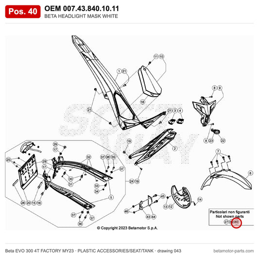 BETA HEADLIGHT MASK WHITE – OEM 007.43.840.10.11, position 40 on the Beta EVO 300 4T FACTORY MY23 plastic accessories/seat/tank drawing