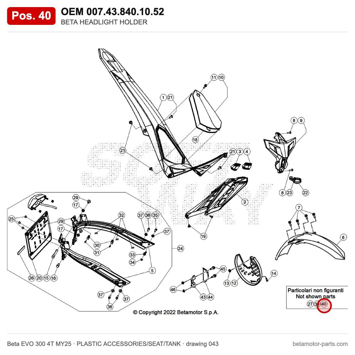 BETA HEADLIGHT HOLDER – OEM 007.43.840.10.52, position 40 on the Beta EVO 300 4T MY25 plastic accessories/seat/tank drawing