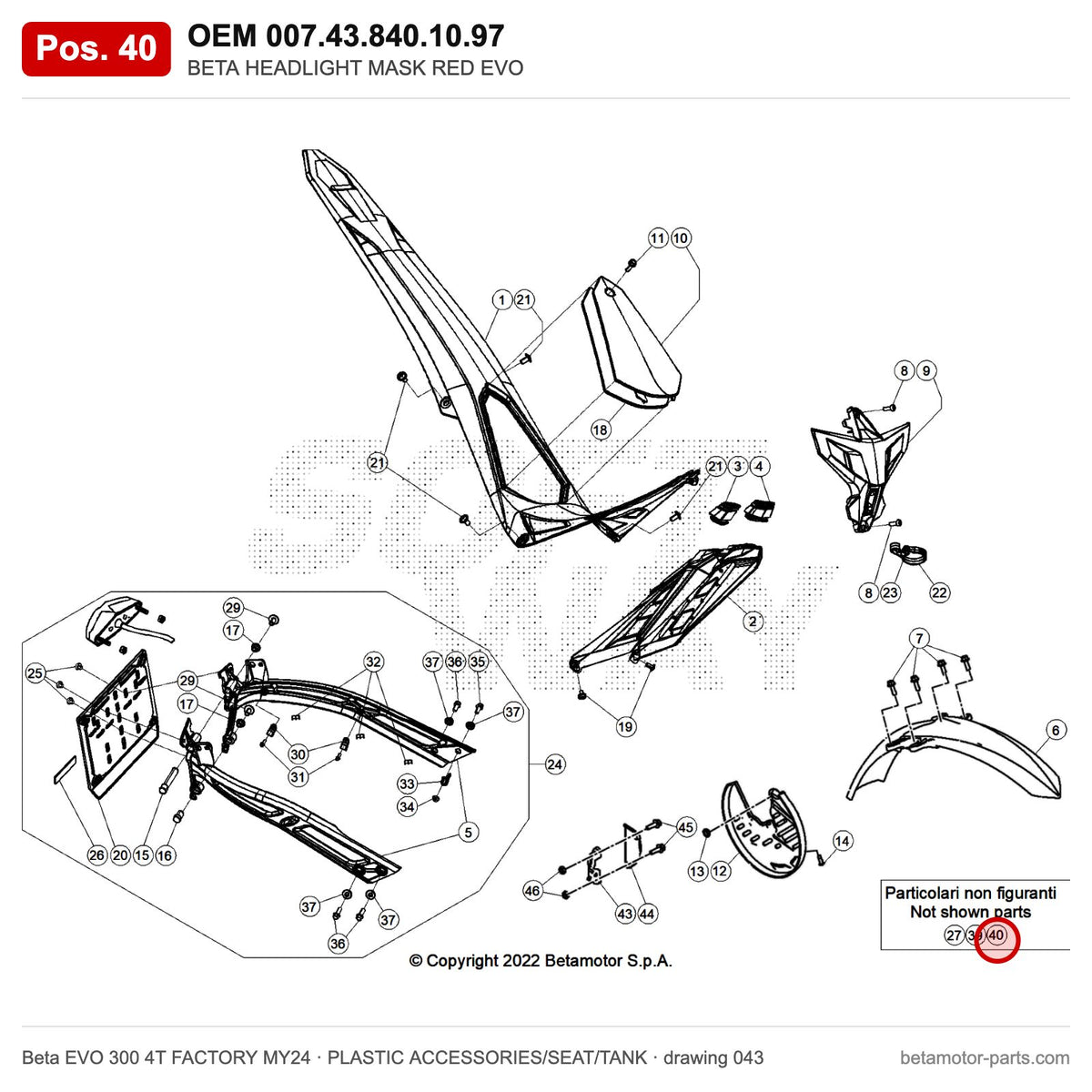 BETA HEADLIGHT MASK RED EVO – OEM 007.43.840.10.97, position 40 on the Beta EVO 300 4T FACTORY MY24 plastic accessories/seat/tank drawing