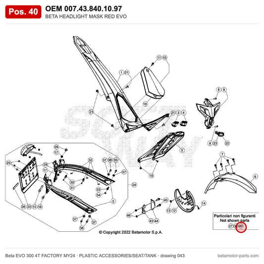 BETA HEADLIGHT MASK RED EVO – OEM 007.43.840.10.97, position 40 on the Beta EVO 300 4T FACTORY MY24 plastic accessories/seat/tank drawing