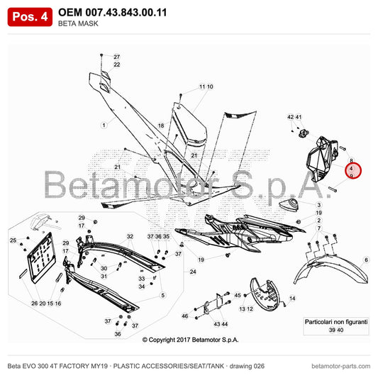 BETA MASK – OEM 007.43.843.00.11, position 4 on the Beta EVO 300 4T FACTORY MY19 plastic accessories/seat/tank drawing