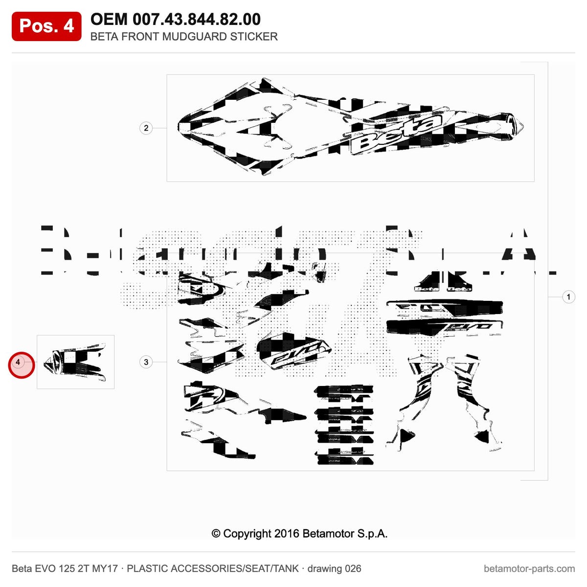 BETA FRONT MUDGUARD STICKER – OEM 007.43.844.82.00, position 4 on the Beta EVO 125 2T MY17 plastic accessories/seat/tank drawing