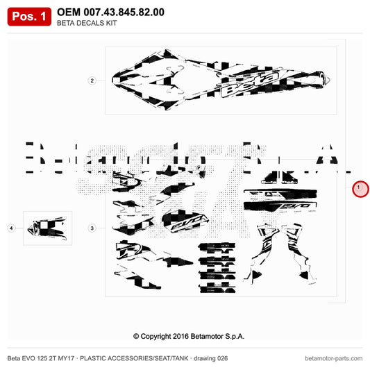 BETA DECALS KIT – OEM 007.43.845.82.00, position 1 on the Beta EVO 125 2T MY17 plastic accessories/seat/tank drawing