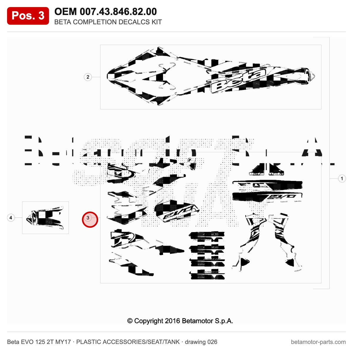 BETA COMPLETION DECALCS KIT – OEM 007.43.846.82.00, position 3 on the Beta EVO 125 2T MY17 plastic accessories/seat/tank drawing