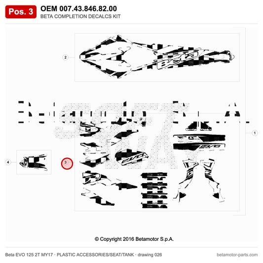 BETA COMPLETION DECALCS KIT – OEM 007.43.846.82.00, position 3 on the Beta EVO 125 2T MY17 plastic accessories/seat/tank drawing