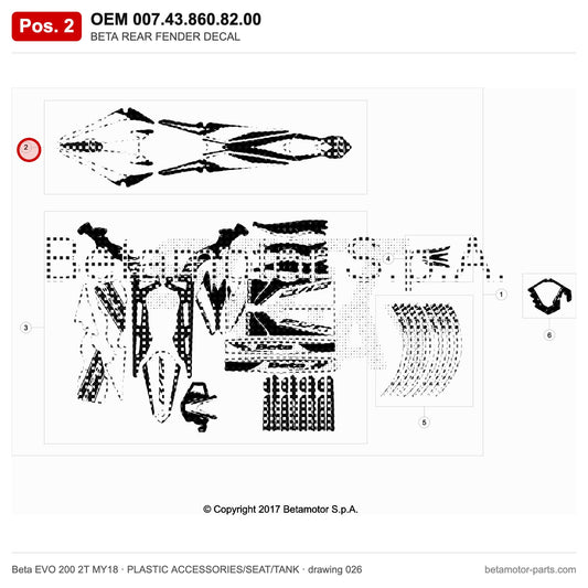BETA REAR FENDER DECAL – OEM 007.43.860.82.00, position 2 on the Beta EVO 200 2T MY18 plastic accessories/seat/tank drawing