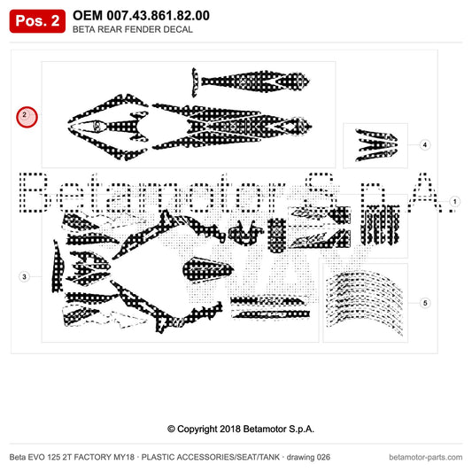 BETA REAR FENDER DECAL – OEM 007.43.861.82.00, position 2 on the Beta EVO 125 2T FACTORY MY18 plastic accessories/seat/tank drawing