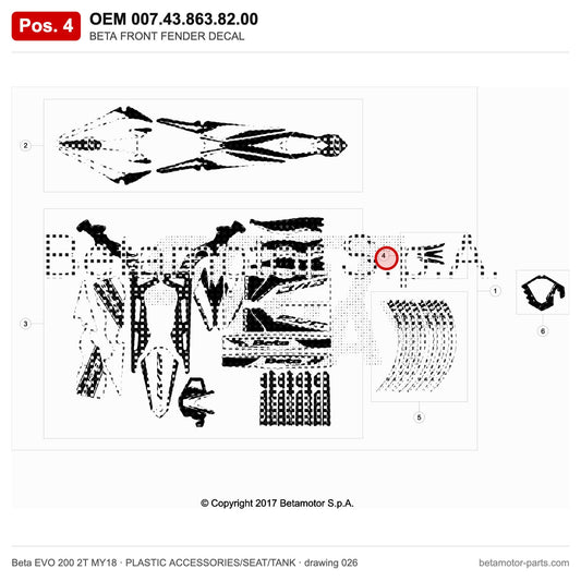 BETA FRONT FENDER DECAL – OEM 007.43.863.82.00, position 4 on the Beta EVO 200 2T MY18 plastic accessories/seat/tank drawing