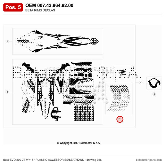 BETA RIMS DECLAS – OEM 007.43.864.82.00, position 5 on the Beta EVO 200 2T MY18 plastic accessories/seat/tank drawing