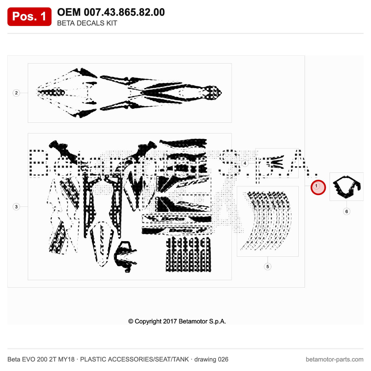 BETA DECALS KIT – OEM 007.43.865.82.00, position 1 on the Beta EVO 200 2T MY18 plastic accessories/seat/tank drawing