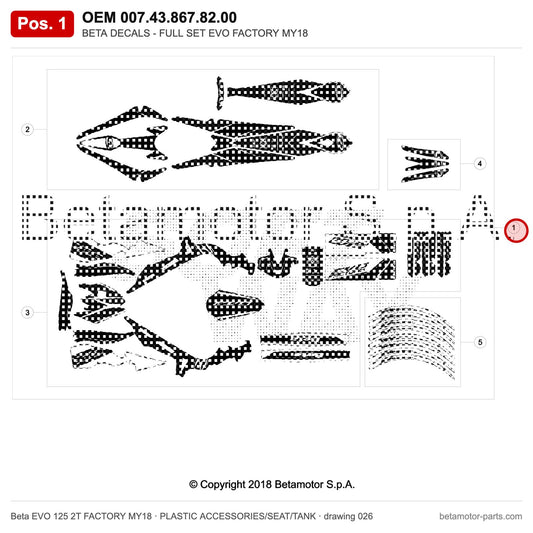 BETA DECALS - FULL SET EVO FACTORY MY18 – OEM 007.43.867.82.00, position 1 on the Beta EVO 125 2T FACTORY MY18 plastic accessories/seat/tank drawing