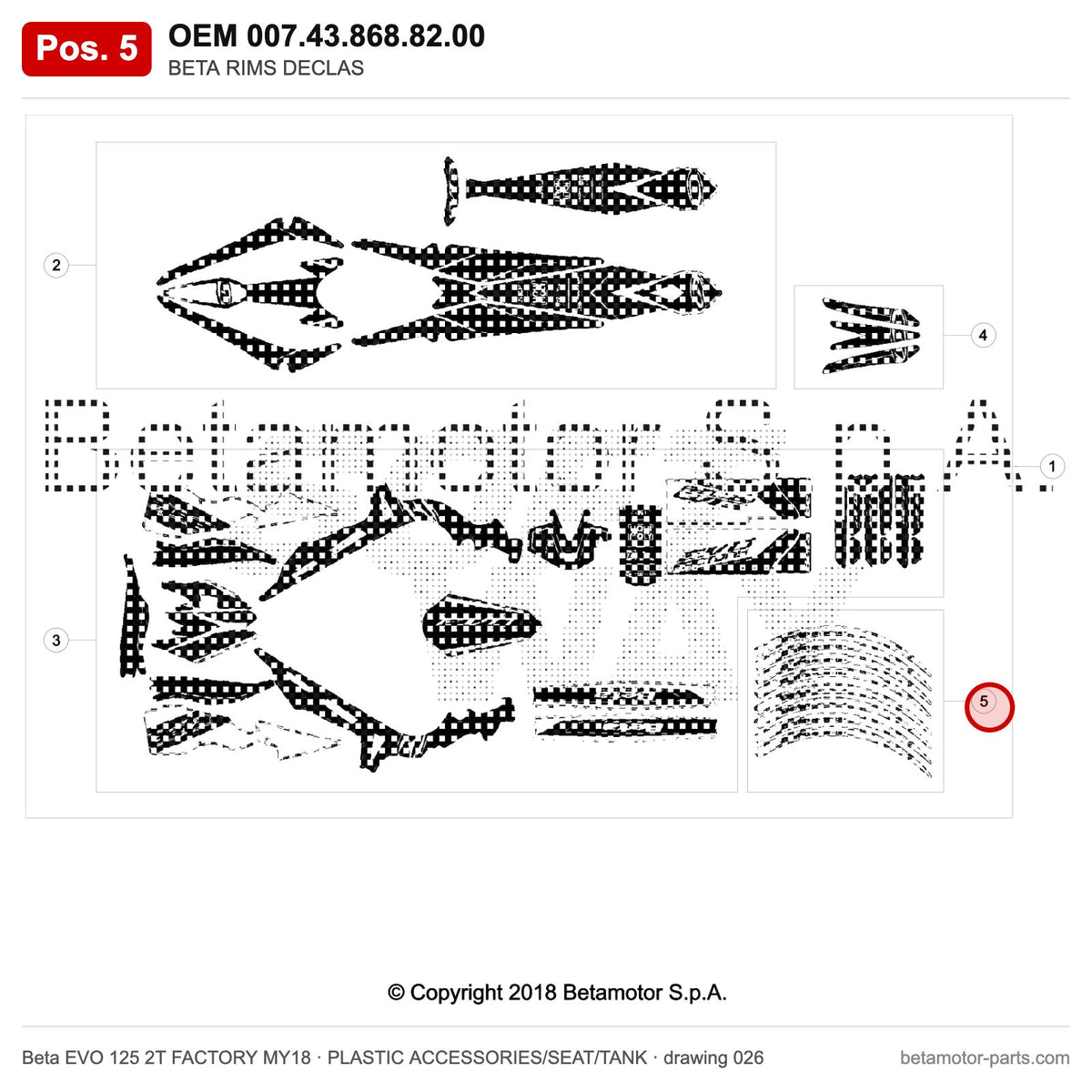 BETA RIMS DECLAS – OEM 007.43.868.82.00, position 5 on the Beta EVO 125 2T FACTORY MY18 plastic accessories/seat/tank drawing