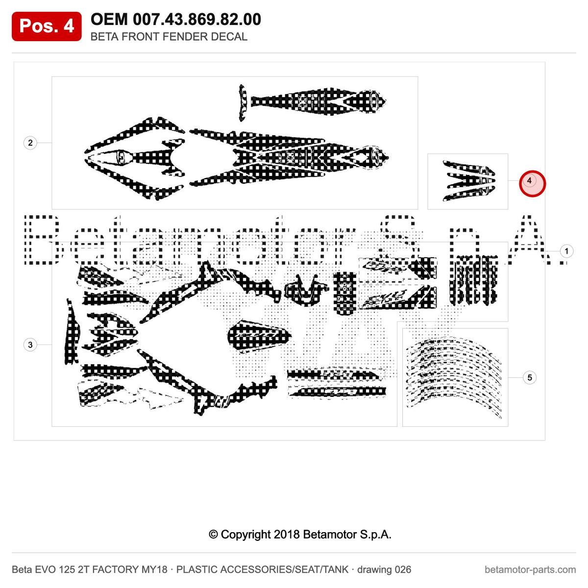 BETA FRONT FENDER DECAL – OEM 007.43.869.82.00, position 4 on the Beta EVO 125 2T FACTORY MY18 plastic accessories/seat/tank drawing