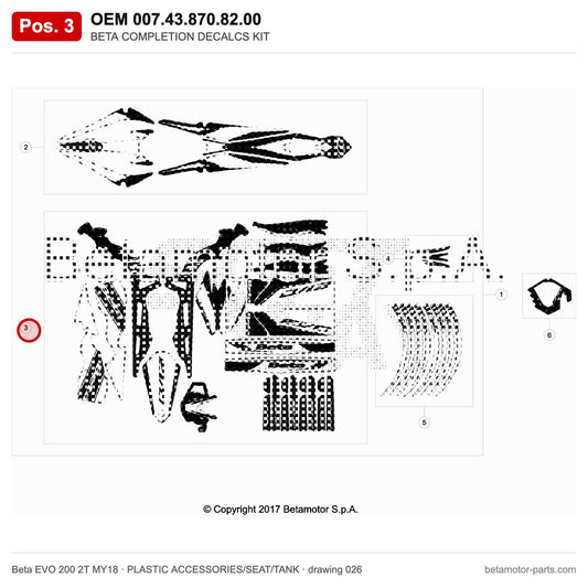 BETA COMPLETION DECALCS KIT – OEM 007.43.870.82.00, position 3 on the Beta EVO 200 2T MY18 plastic accessories/seat/tank drawing