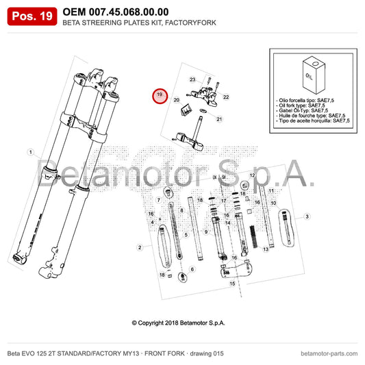 BETA STREERING PLATES KIT, FACTORYFORK – OEM 007.45.068.00.00, position 19 on the Beta EVO 125 2T STANDARD/FACTORY MY13 front fork drawing