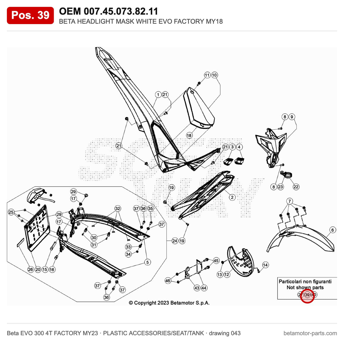 BETA HEADLIGHT MASK WHITE EVO FACTORY MY18 – OEM 007.45.073.82.11, position 39 on the Beta EVO 300 4T FACTORY MY23 plastic accessories/seat/tank drawing