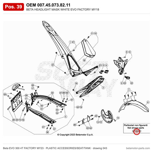 BETA HEADLIGHT MASK WHITE EVO FACTORY MY18 – OEM 007.45.073.82.11, position 39 on the Beta EVO 300 4T FACTORY MY23 plastic accessories/seat/tank drawing