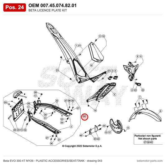 BETA LICENCE PLATE KIT – OEM 007.45.074.82.01, position 24 on the Beta EVO 300 4T MY26 plastic accessories/seat/tank drawing
