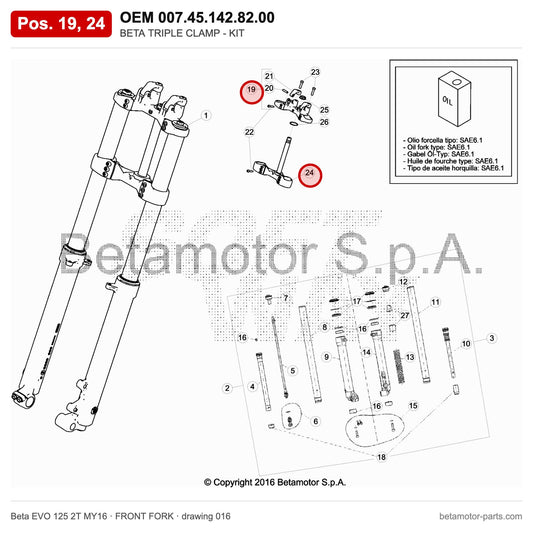 BETA TRIPLE CLAMP - KIT – OEM 007.45.142.82.00, positions 19,24 on the Beta EVO 125 2T MY16 front fork drawing
