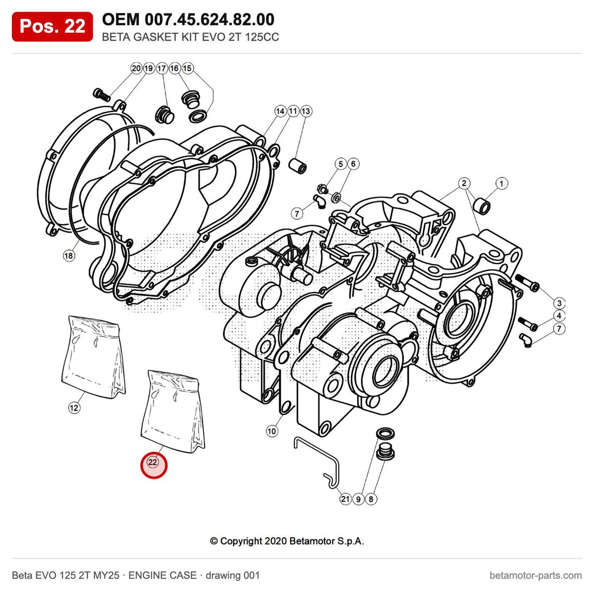 BETA GASKET KIT EVO 2T 125CC – OEM 007.45.624.82.00, position 22 on the Beta EVO 125 2T MY25 engine case drawing