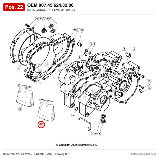 BETA GASKET KIT EVO 2T 125CC – OEM 007.45.624.82.00, position 22 on the Beta EVO 125 2T MY25 engine case drawing