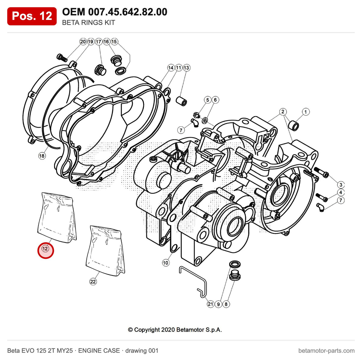 BETA RINGS KIT – OEM 007.45.642.82.00, position 12 on the Beta EVO 125 2T MY25 engine case drawing