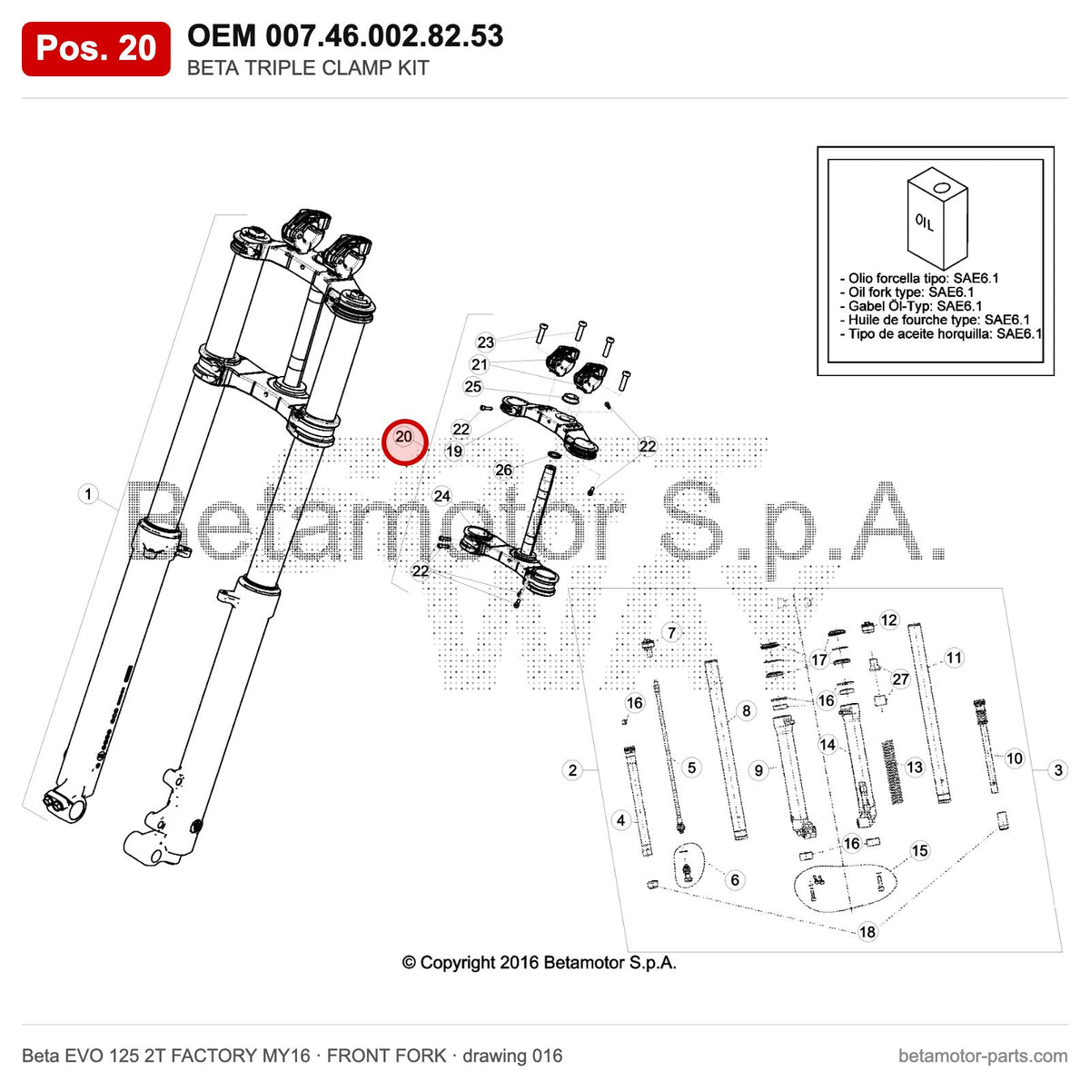 BETA TRIPLE CLAMP KIT – OEM 007.46.002.82.53, position 20 on the Beta EVO 125 2T FACTORY MY16 front fork drawing