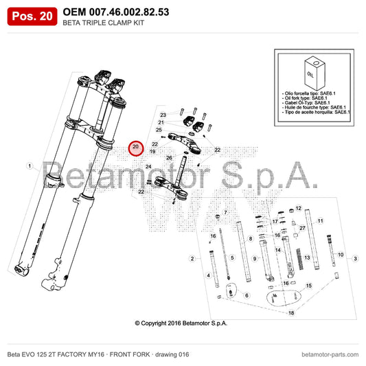 BETA TRIPLE CLAMP KIT – OEM 007.46.002.82.53, position 20 on the Beta EVO 125 2T FACTORY MY16 front fork drawing