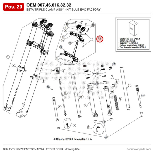 BETA TRIPLE CLAMP ASSY - KIT BLUE EVO FACTORY – OEM 007.46.016.82.32, position 20 on the Beta EVO 125 2T FACTORY MY24 front fork drawing